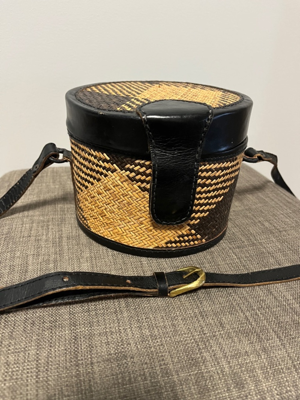Woven Round Crossbody Bag with Black Leather Trim